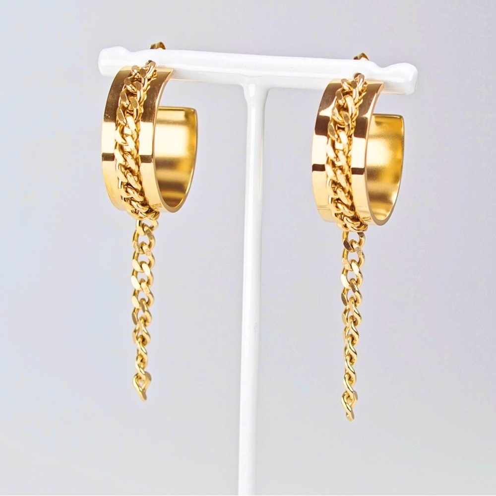NEW Large Statement Hoop Cuban Chain Drop 18K Gold Plated Earrings